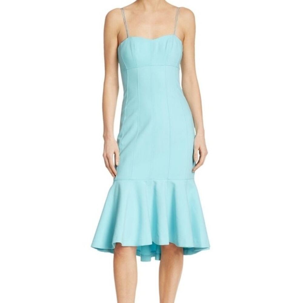 cinq à sept | Salina Midi Dress Topaz Flare Ruffle Bottom Double Strap Formal